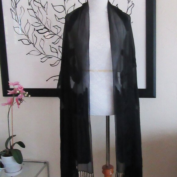 Sheer black shawl scarf with floral & paisley black on black patterns 78" x 21" - Picture 3 of 14